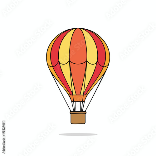 A cartoon hot air balloon with red and yellow panels floats above a basket