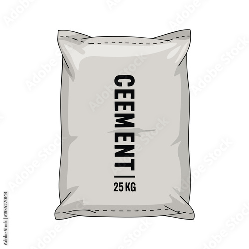 A gray bag of cement, weighing 25 kg, stands against a white background