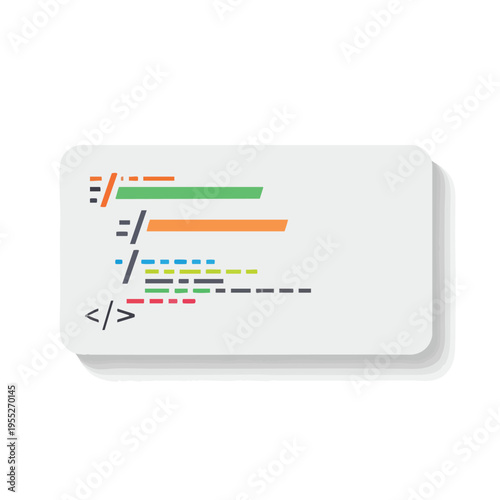 Simplified representation of code snippets and a closing tag on a rounded card