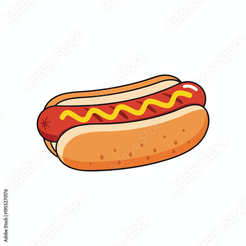 A cartoon hot dog with mustard on a white background