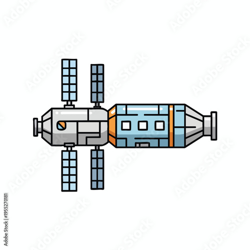 A stylized satellite with solar panels, connected modules, and docking ports