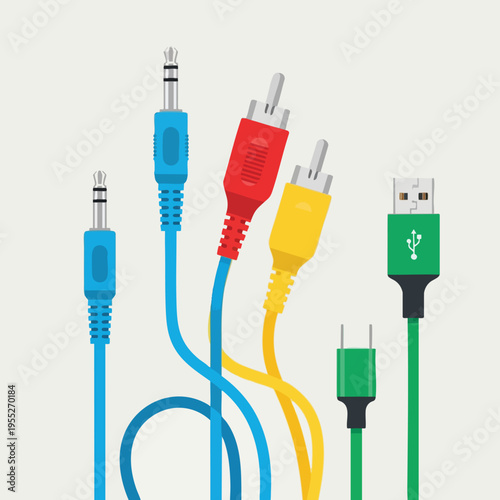 Assortment of audio and data cables with colorful plugs on a light background