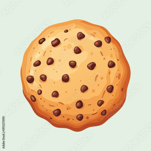 A detailed illustration of a single, golden-brown chocolate chip cookie on a light background