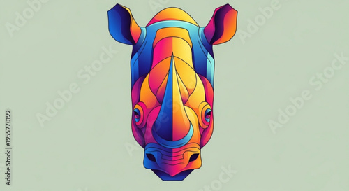 Vibrant colorful rhinoceros head with abstract geometric shapes on sage green background illustration