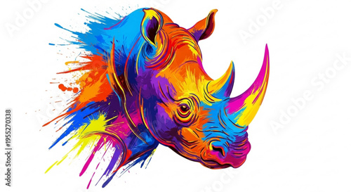 Vibrant rhinoceros head with colorful paint splashes on white background