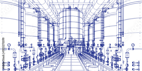 Industrial Alcohol Distillery Factory Interior with Fermentation Tanks, Pipes and Valve Network – Hand Drawn Technical Illustration
