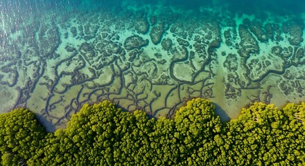 Aerial view of mangrove forest and tidal patterns in coastal wetlands