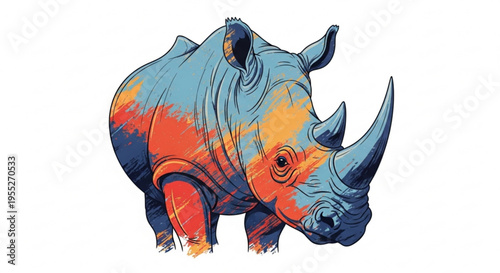 Vibrant rhinoceros illustration with orange and blue gradient on white background