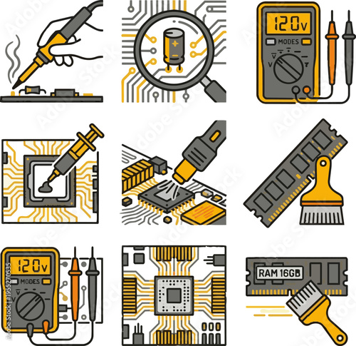 Micro Soldering and Computer Hardware Repair Icon Set
