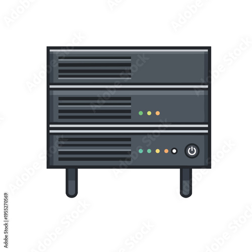 Three-tiered server rack with status lights and power button