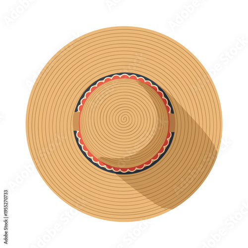 A top-down view of a wide-brimmed straw hat with decorative band