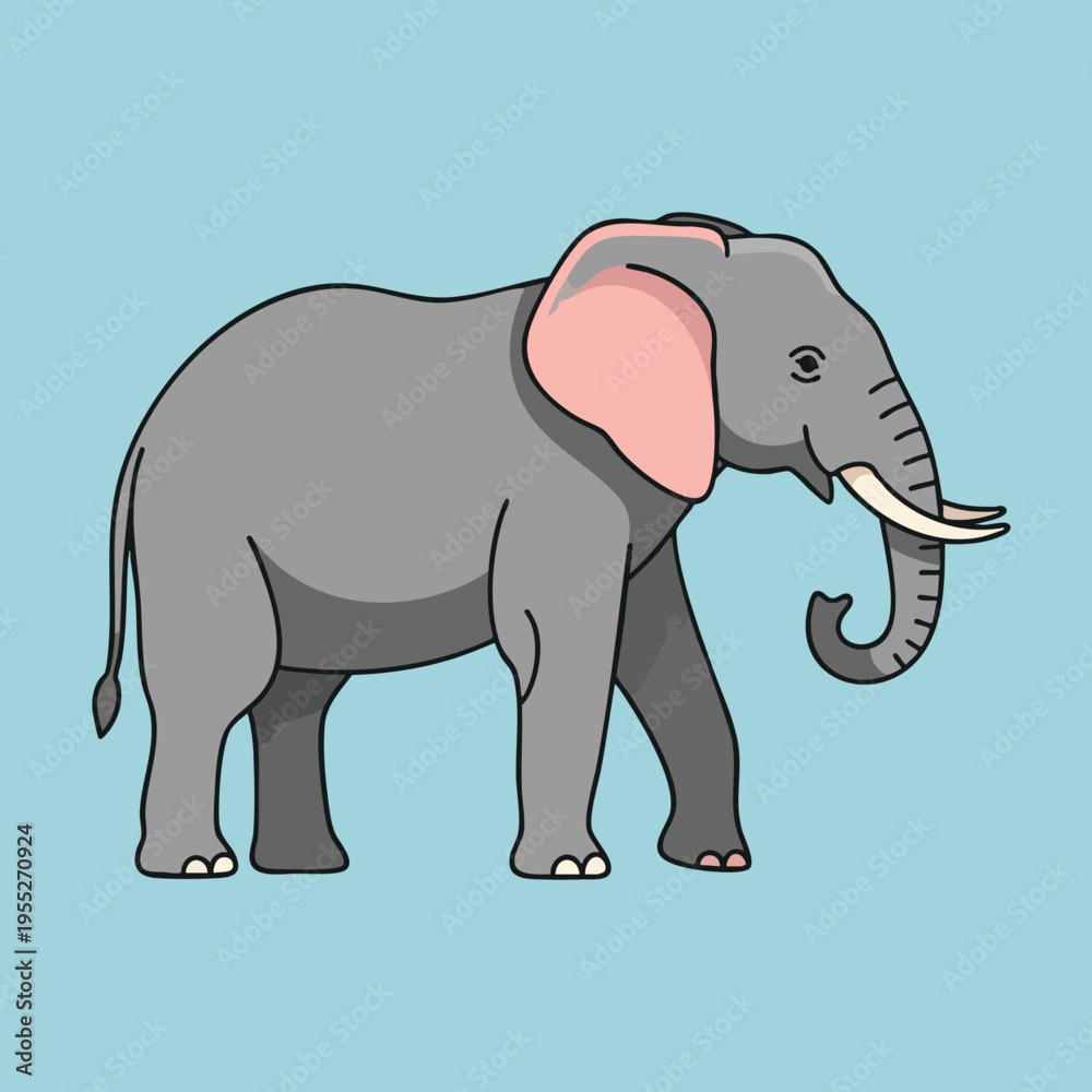 Fototapeta premium Stylized grey elephant with pink ears and tusks walks against blue background