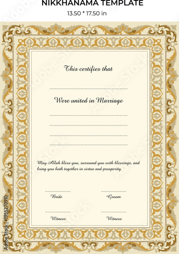 Vintage ornate golden frame with an antique pattern border creates a blank space for a certificate of completion or diploma template in a retro style