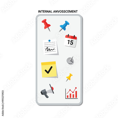 Pinboard with notes, calendar, megaphone, and graph; internal announcement