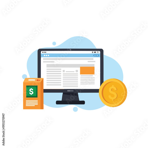 A computer displays financial data next to a coin and a donation box