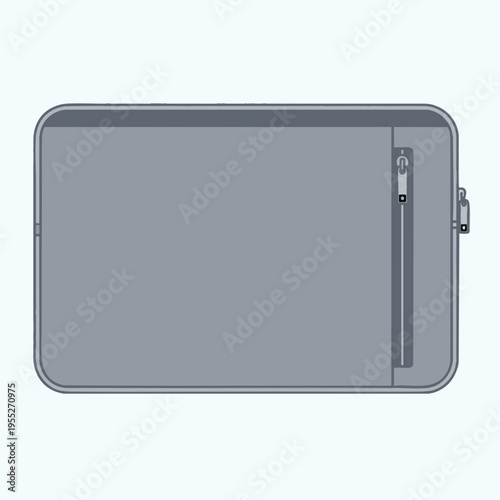 Flat, gray, rectangular case with rounded corners, featuring a zipper and latch