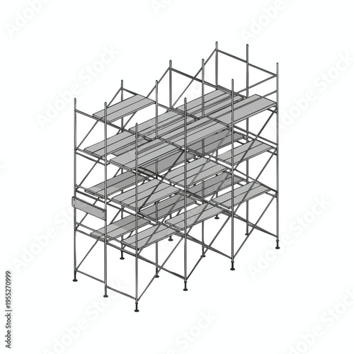 Multi-level metal scaffolding structure with horizontal platforms and diagonal supports