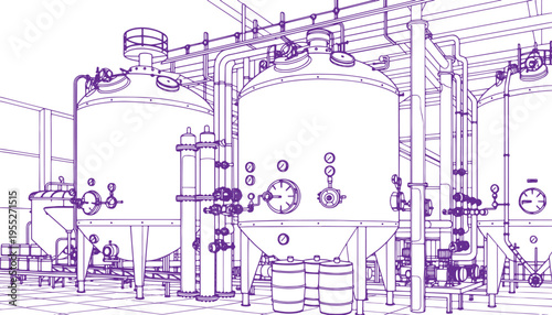 Industrial Alcohol Distillery Factory Interior with Fermentation Tanks, Pipes and Valve Network – Hand Drawn Technical Illustration