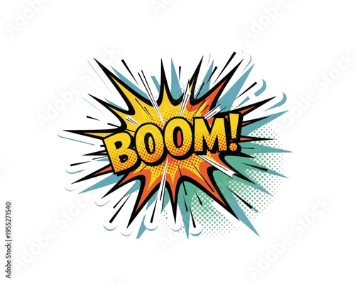 Vibrant comic book style "boom!" vector graphic illustration, capturing dynamic energy and explosive impact with pop art design.