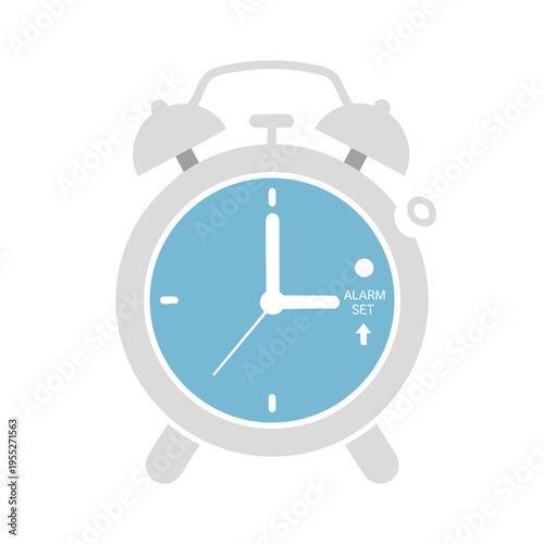Stylized alarm clock with blue face, hands indicating 300, and "ALARM SET" indicator