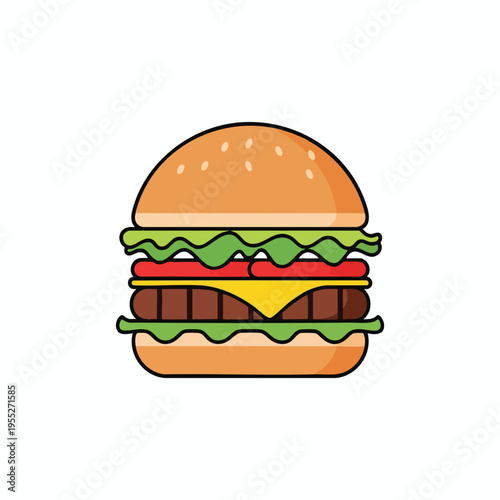 A layered, stylized burger with bun, lettuce, tomato, cheese, and patties