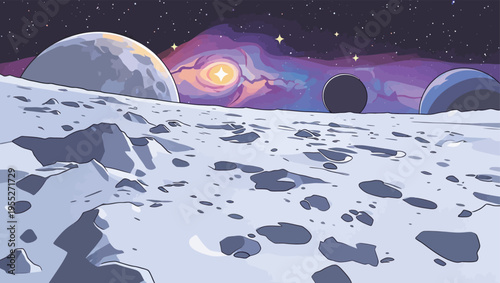View of a lunar landscape with stars and distant planets during cosmic night