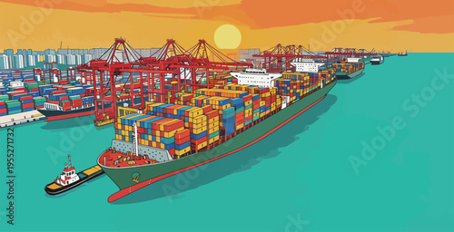 Container ship being serviced by tugboats in a busy harbor at sunset with cranes and city in the background