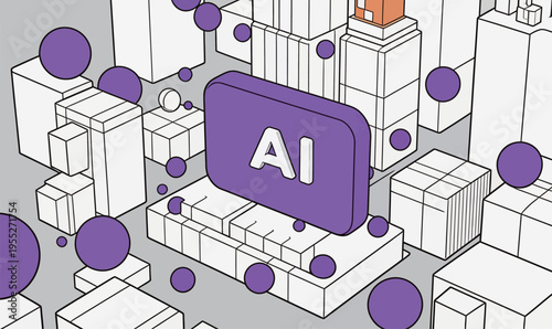 City landscape with AI tech concept and abstract design in a modern style on a grey background