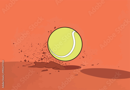 Yellow tennis ball bounces on orange court surface creating dust during play at a sports facility