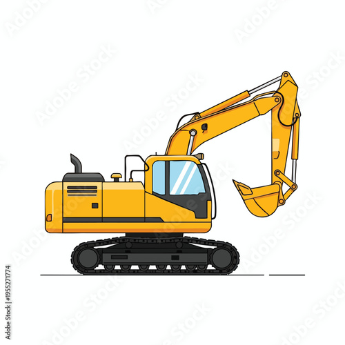 Yellow excavator with boom, arm, and bucket extended, resting on tracks