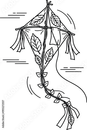 Plastic free kite vector icon leaf fabric eco sustainable lifestyle zero waste minimal flat black line design white background illustration