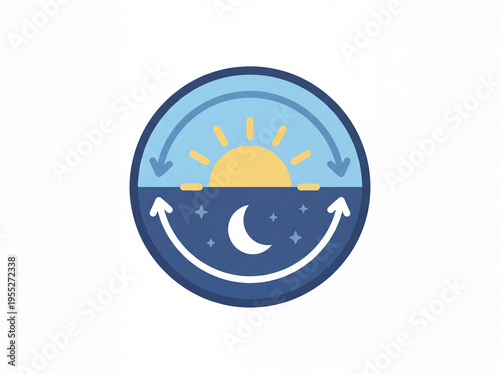 A smiling face with sun and moon phases depicted on a circular graphic