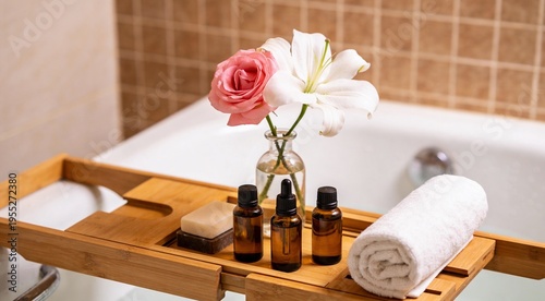 Elegant spa products with a blooming flower displayed on a wooden tray in bathroom.