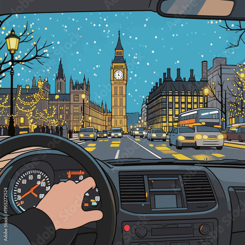 Driving in London at night with snow and city lights around Big Ben and historic buildings