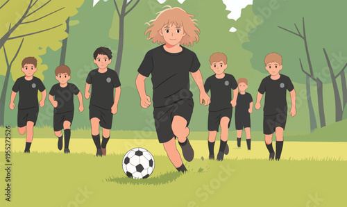 Children play soccer in a green field on a bright day with a group of kids running after the ball