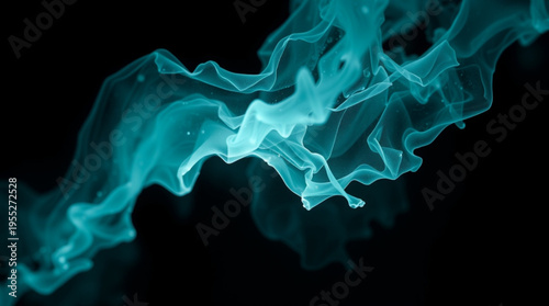 Abstract swirling turquoise smoke with fluid tendrils creates depth and movement against a black background,