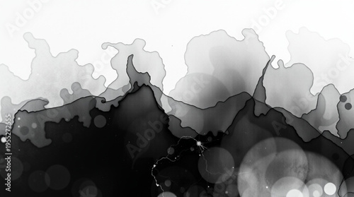 An abstract composition in black, white, and gray featuring fluid shapes, textures, wavy lines, gradient transitions,