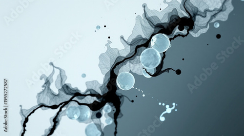 Abstract composition with ethereal translucent waves and rounded shapes in shades of blue and black,