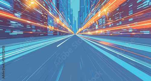 City street scene with bright lights and lines suggesting fast movement at night in an urban environment