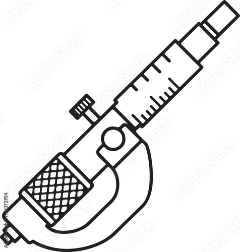 A black and white linear illustration depicts a precision measuring tool specifically a micrometer caliper high quality