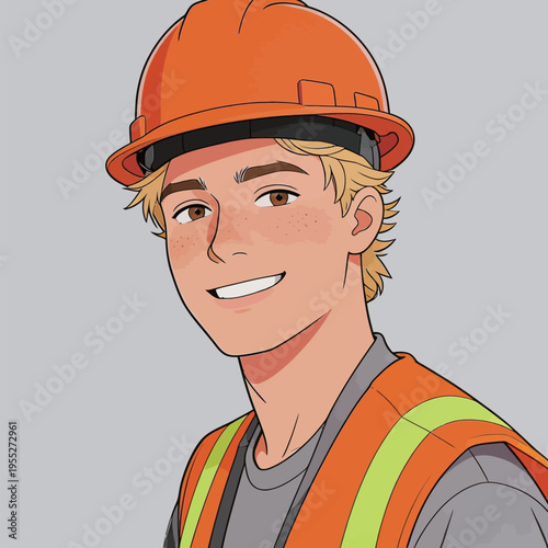 Construction worker smiling in safety gear during a project at a worksite in the afternoon