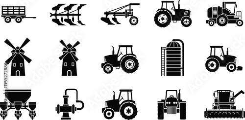 Agricultural machinery and farm equipment silhouettes including tractors plow seeder windmill silo irrigation pump and trailer isolated on white background for farming industry design use