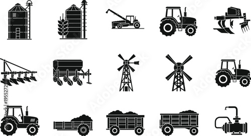 Agricultural machinery and farm equipment silhouettes set including tractor plow seeder windmill silo trailer and irrigation pump isolated on white background for farming industry design use