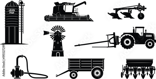 Agricultural machinery silhouettes collection including tractor harvester plow seeder trailer windmill silo and irrigation pump isolated on white background for farming industry rural design use