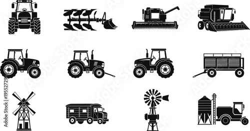 Agricultural machinery silhouette set featuring tractors harvester plow trailer windmill silo and farm vehicles isolated on white background for farming industry rural landscape design use