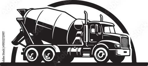 A detailed black and white illustration depicts a cement mixer truck showcasing its cylindrical drum and robust design