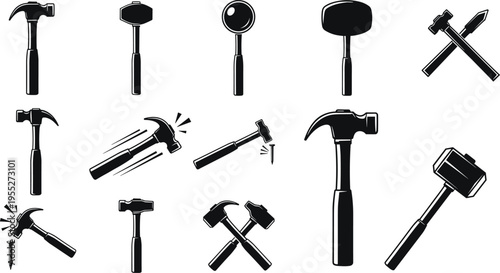 Collection of black silhouette hammer icons including claw, sledge, mallet, crossed hammers, striking tools for construction, carpentry, repair illustration