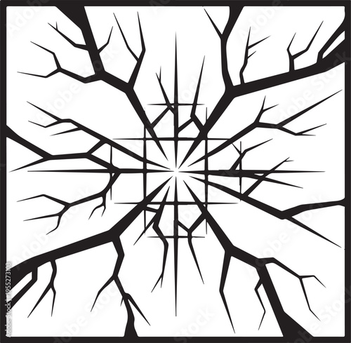 A striking black and white graphic depicts a fractured radiating pattern resembling cracked ice or shattered glass