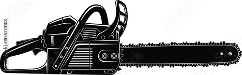 Chainsaw silhouette, power tool equipment, wood cutting machine, forestry logging tool, mechanical saw, construction tool, industrial cutting device illustration design