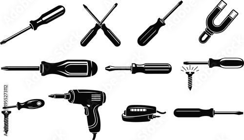 Collection of screwdriver, electric drill, screw and magnet tool silhouettes, mechanic hand tools icon set for repair, construction, workshop and DIY maintenance